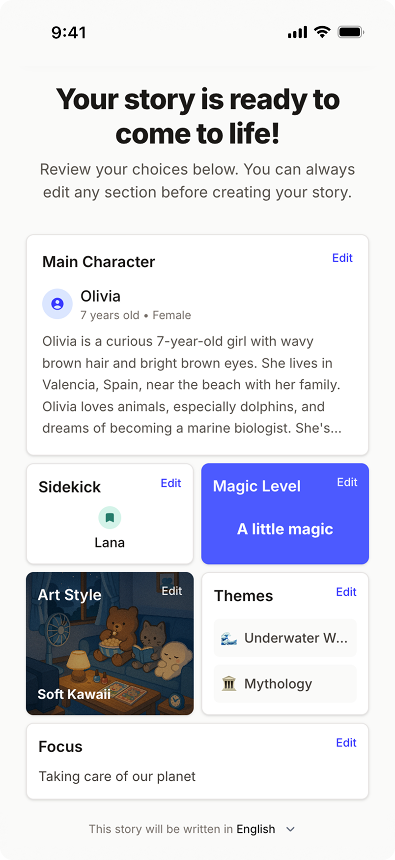 Customization preview showing personalized storybook