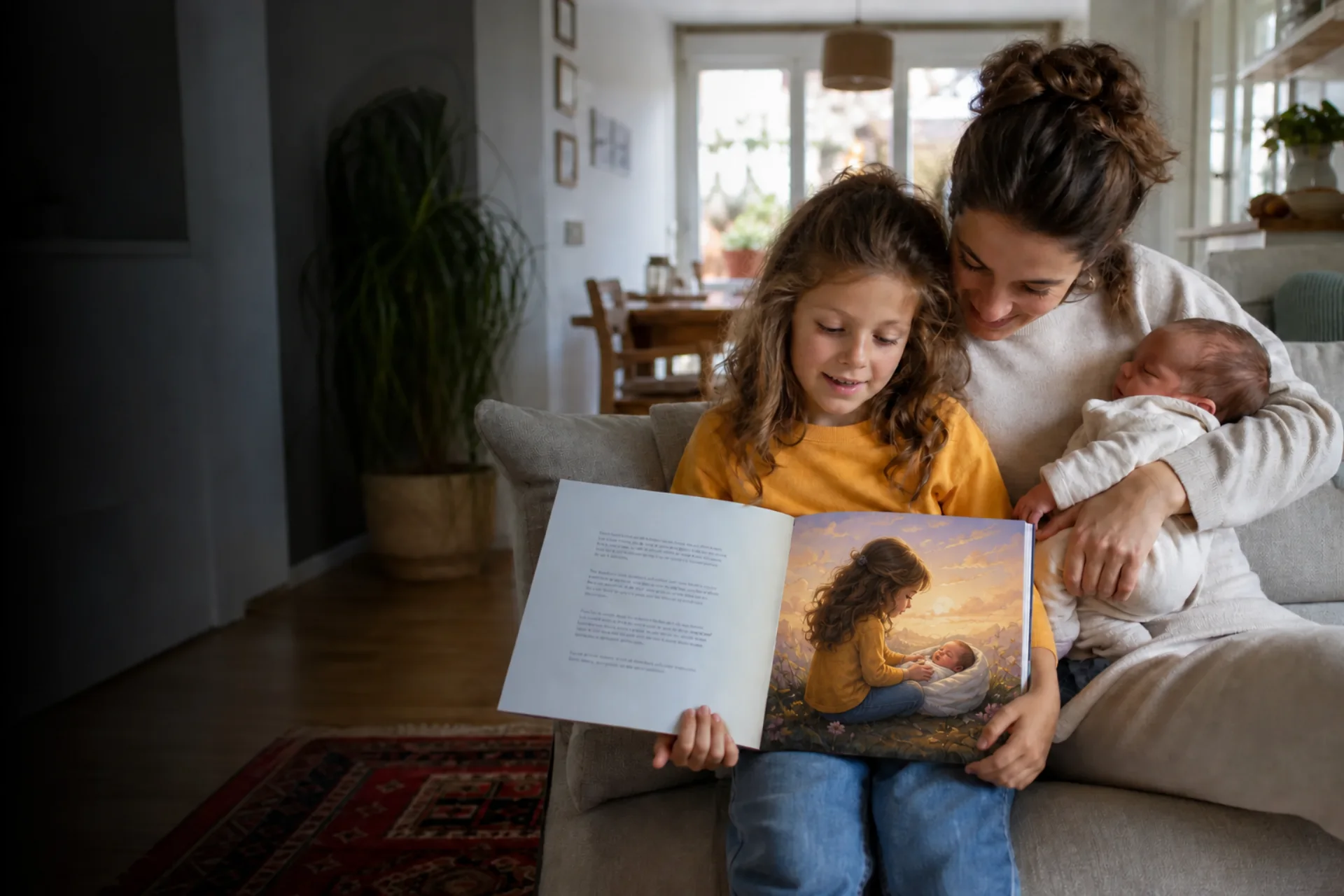 A girl reading an open children's book with text on the left and an illustration on the right beside her mother and a newborn