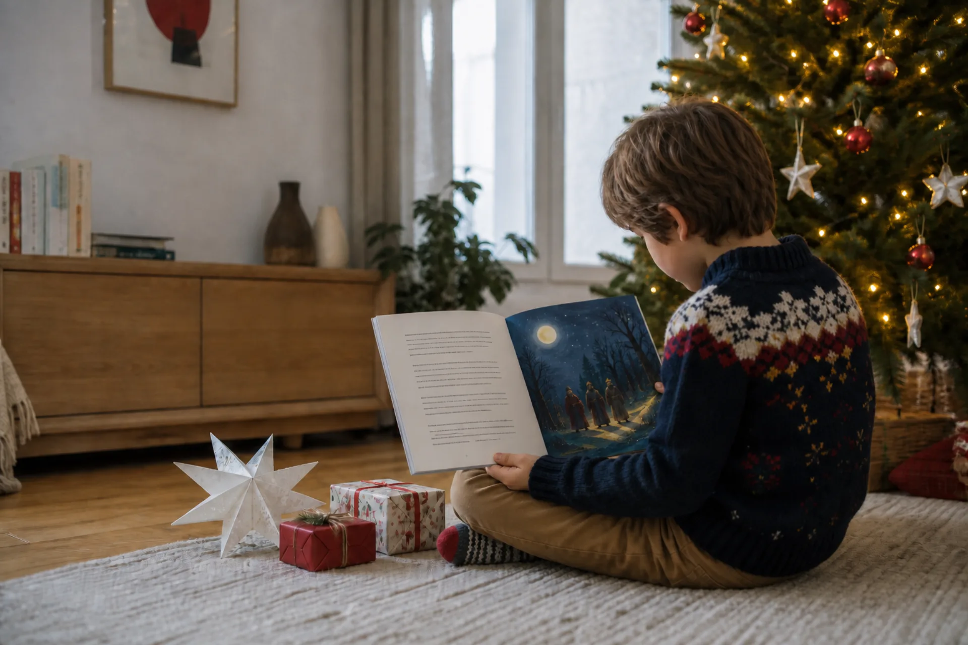 A child reading an open personalized storybook beside a Christmas tree