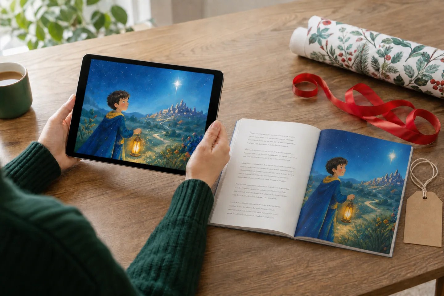 An adult comparing a digital story preview with an open printed book showing text on the left and an illustration on the right