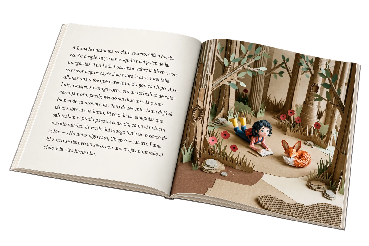 An open softcover book, with text on the left and Luna and Chispa in a cardboard forest on the right