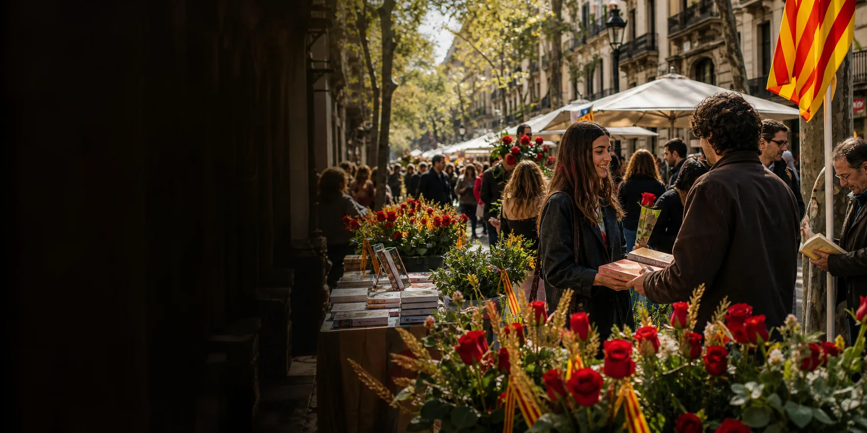 Un carrer de Barcelona amb parades de llibres, roses vermelles i senyeres durant Sant Jordi