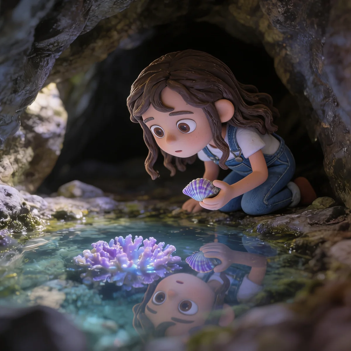 Escena del cuento con Olivia ilustrada descubriendo un coral luminoso en una cueva marina