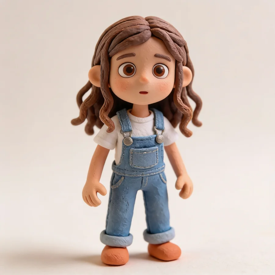 Retrato ilustrado de Olivia con pelo castaño ondulado y peto vaquero